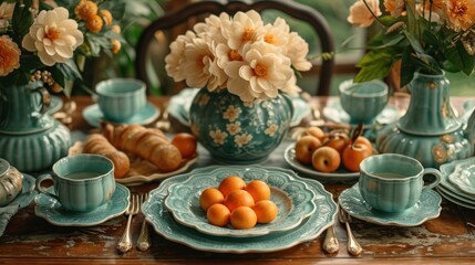  a table topped with a blue vase filled with oranges and a plate filled with oranges next to a vase filled with oranges and a cup filled with oranges.