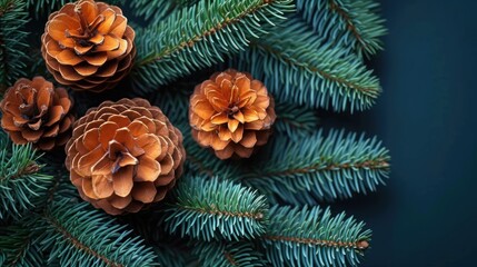  a group of pine cones sitting on top of a green pine tree branch with pine cones on top of it.