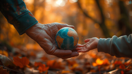 close-up of an old man's hand gently passing a small globe to the tiny hand of a child. ecosystem and healthy environment sustainable concept, earth day, save the world