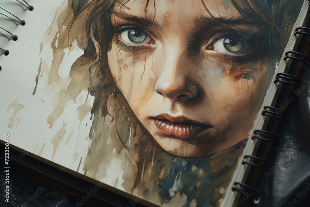 Poster a detailed painting capturing the close-up of a woman's face. perfect for adding an artistic touch t