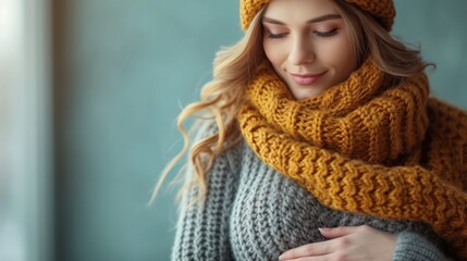  a close up of a woman wearing a knitted hat and scarf with a knitted scarf around her neck.