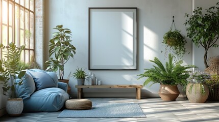  a living room filled with potted plants and a large framed picture on the wall next to a blue couch.
