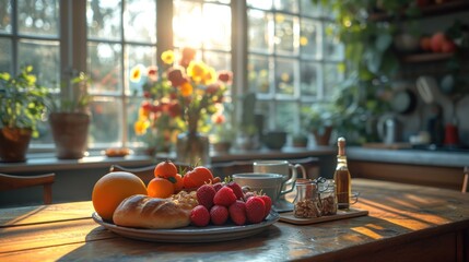  a plate of fruit sitting on top of a wooden table next to a vase of flowers and a cup of coffee on a table next to a plate of fruit.