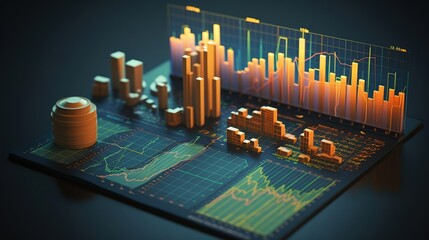 Business graph , 3D graph of investment trading on the stock market on a blue background.