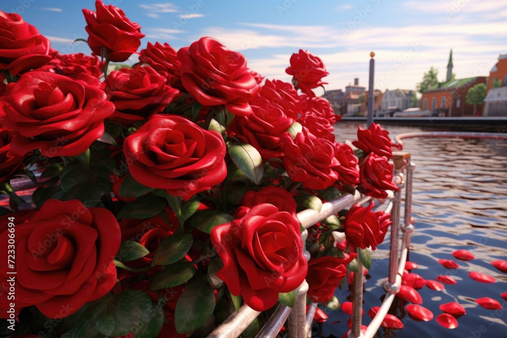 Aufkleber a beautiful arrangement of red roses placed on a metal fence. perfect for adding a touch of elegance
