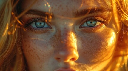  a close up of a woman's face with freckled hair and freckled freckled eyes.