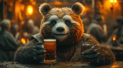  a grizzly bear sitting at a table with a pint of beer in his hand and people in the background. - obrazy, fototapety, plakaty