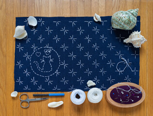 Top view of pprocess of hand embroidery in Sashiko style on blue canvas with white threads of...