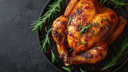  a close up of a chicken on a plate with a sprig of rosemary on top of the chicken.