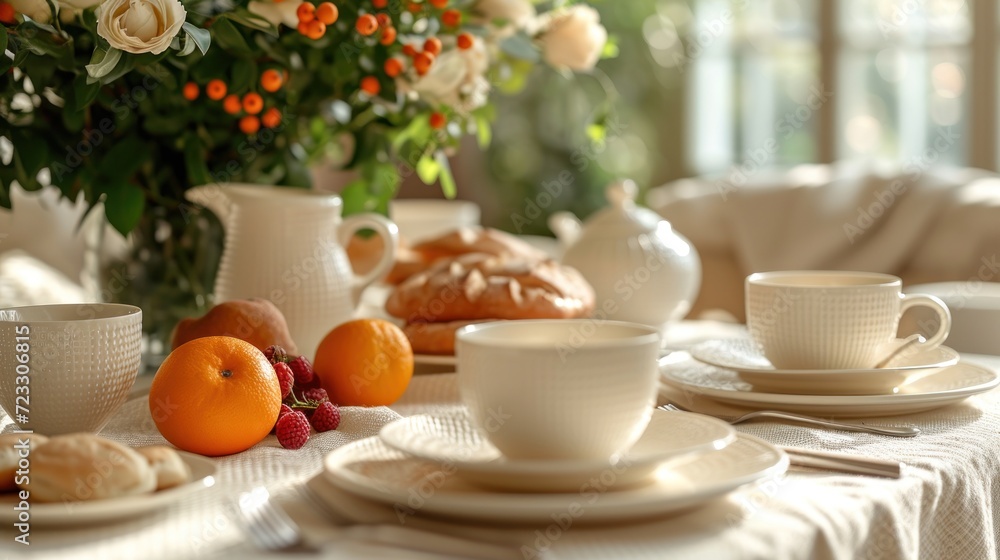 Poster  a table topped with plates and cups next to a vase filled with oranges and a muffin on top of a white table cloth covered in front of flowers.