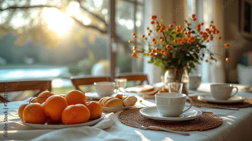 Poster a table with oranges, cups and saucers on it and a vase of oranges on the table with a vase of orang