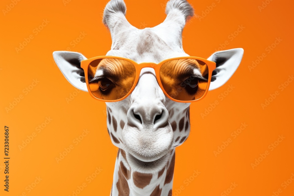 Aufkleber A giraffe wearing sunglasses on a vibrant orange background. This image can be used to add a fun and playful element to various projects