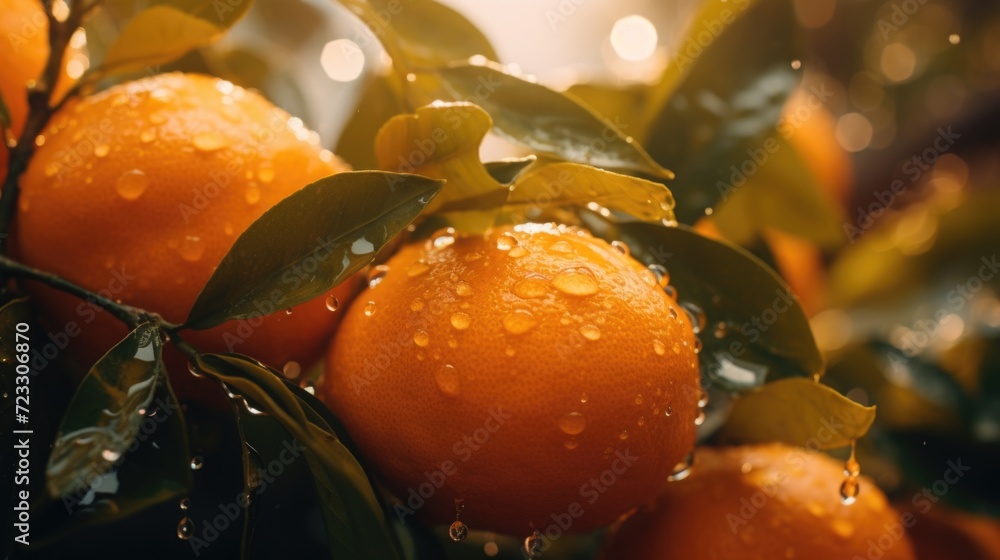 Poster a close-up view of a bunch of oranges growing on a tree. this image can be used to depict the beauty