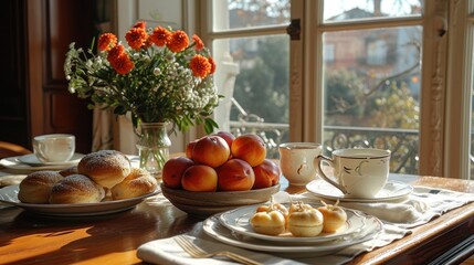  a wooden table topped with a plate of fruit and a bowl of fruit next to a cup of coffee and a plate of fruit and a vase with oranges.