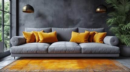  a grey couch with yellow pillows in a room with a large window and potted plant on the side of the couch.