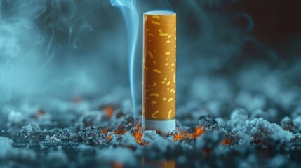  a cigarette with smoke coming out of it sitting on top of a pile of snow covered ground in front of a black background.