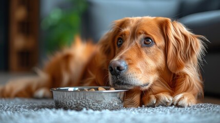  a close up of a dog laying on the floor with a food dish in front of it's face.