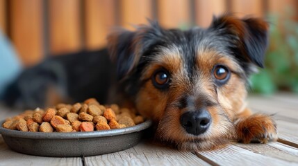  a close up of a dog laying next to a bowl of food on a wooden table with a dog laying next to it.