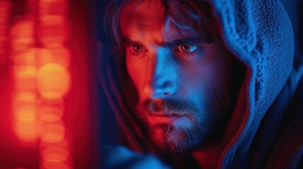  a close up of a person wearing a hoodie and looking at the camera with a red light in the background.