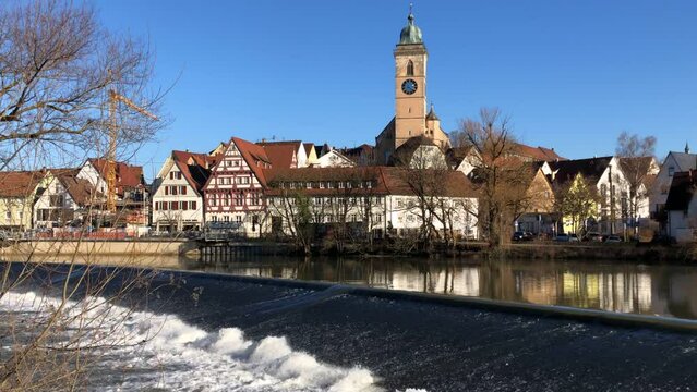 panoramic view to the city Nuertingen over the river Neckar
in Baden-Wuerttemberg, Germany