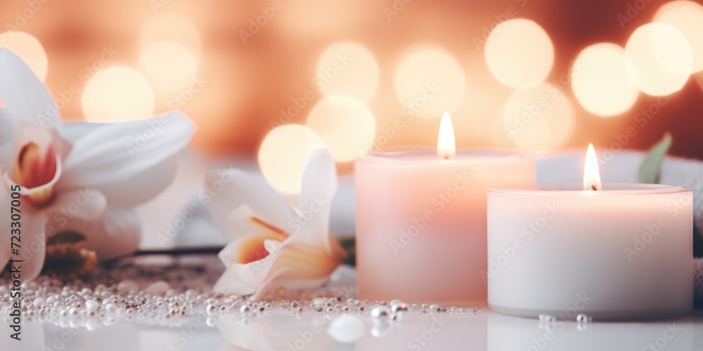 Poster A table with candles and flowers on top. Perfect for adding a touch of elegance to any event or occasion