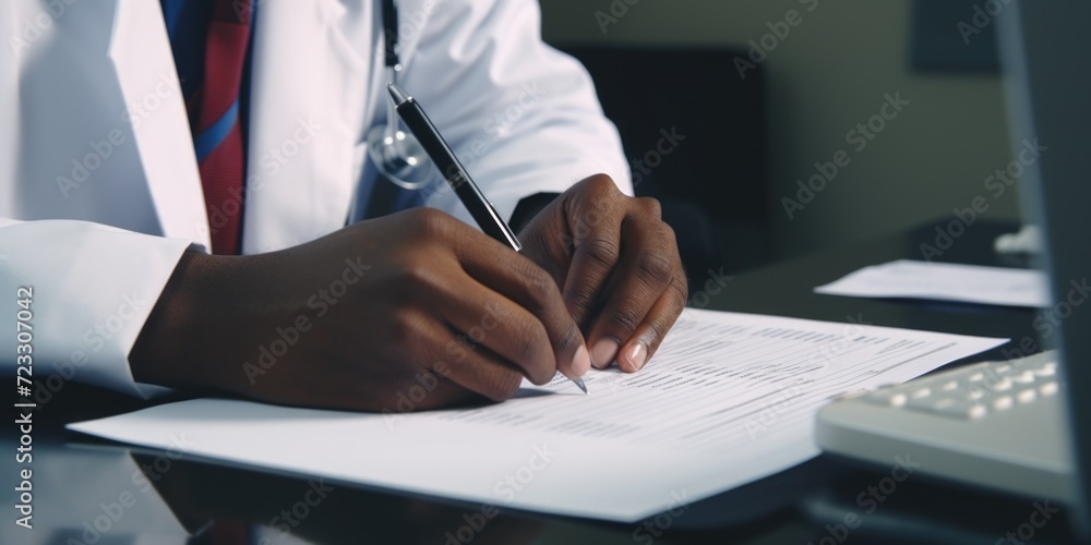 Poster a person wearing a lab coat is seen writing on a piece of paper. this image can be used to represent