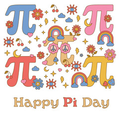 Happy Pi Day! Celebrate Pi Day. Mathematical constant. March 14th. 3.14. Ratio of a circles circumference to its diameter. Constant number Pi. Hippi style - obrazy, fototapety, plakaty