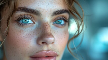  a close up of a woman's face with freckles on her face and freckles on her eyes.
