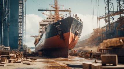 A large ship is sitting in a dry dock. This image can be used to depict ship maintenance, repairs, or the maritime industry