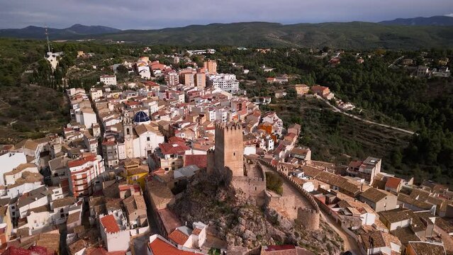 Aerial views of the Banyeres de Mariola castle in the province of Alicante, Spain