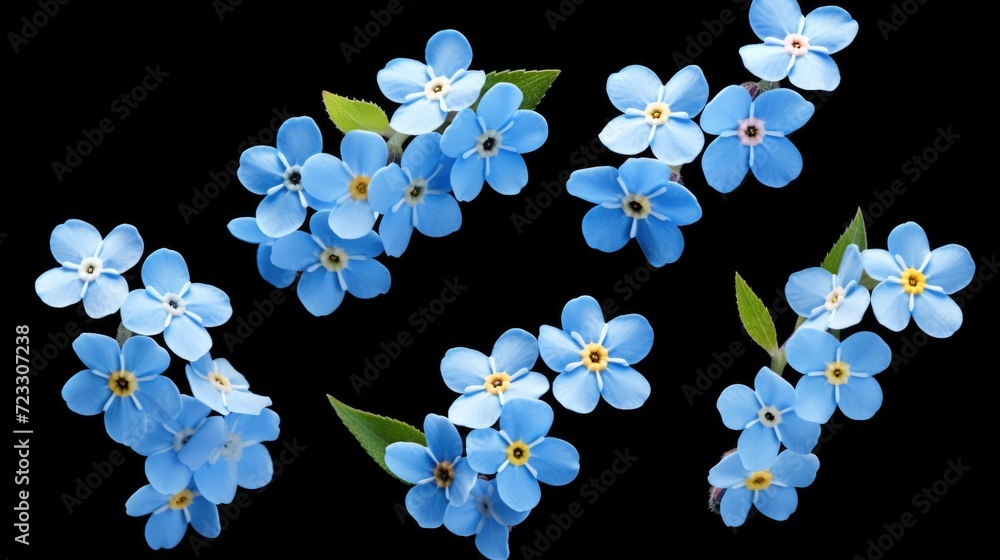 Poster Blue flowers arranged in a group against a black background. Perfect for adding a pop of color to any design or project