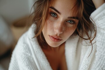 Closeup of a beautiful young woman at home in a bathrobe