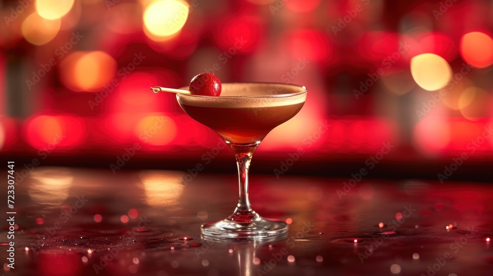 Poster a close up of a drink in a glass on a table with a blurry background and a red light in the backroun