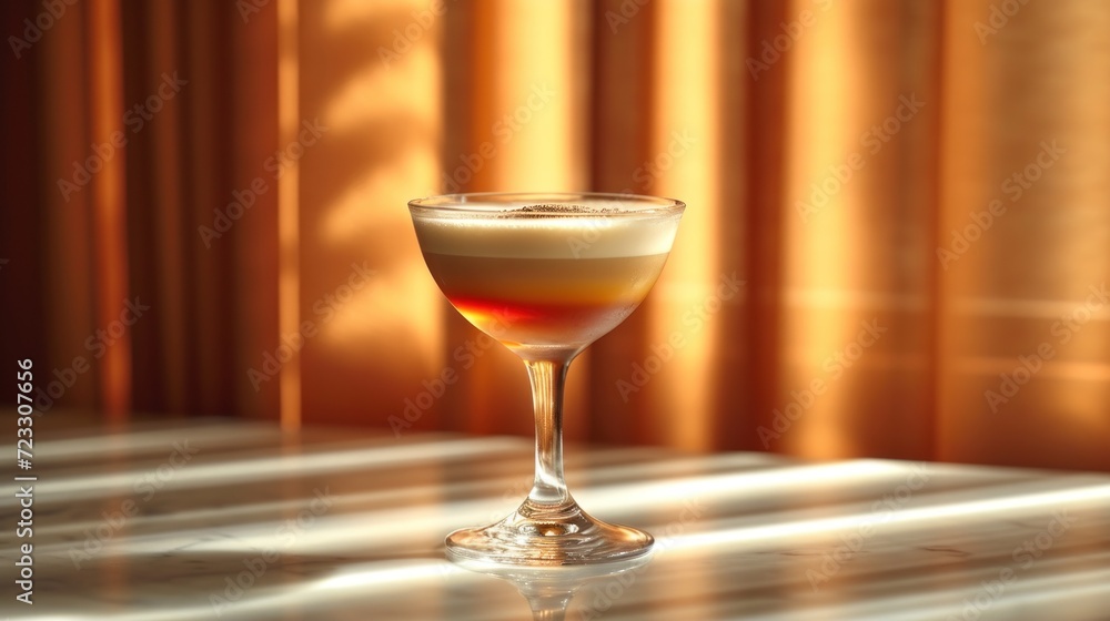Aufkleber a close up of a drink in a glass on a table with a curtain in the background and a light reflecting 