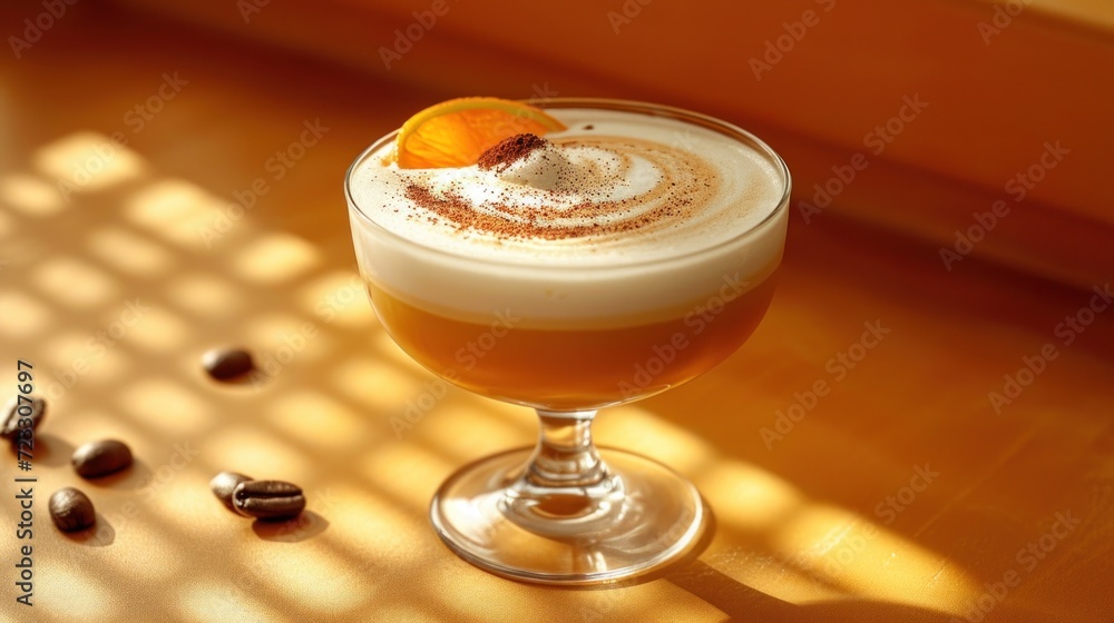 Poster a close up of a drink in a glass on a table with sun coming through the window and coffee beans on t
