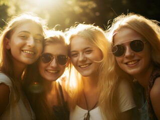 Portrait of four happy blonde girls showing white smile, laughing and looking carefree at camera,...
