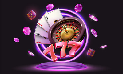 Gambling vector design with neon lights,poker cards, dices, roulette wheel and playing chips. Winning combination numbers of lucky three sevens jackpot. 