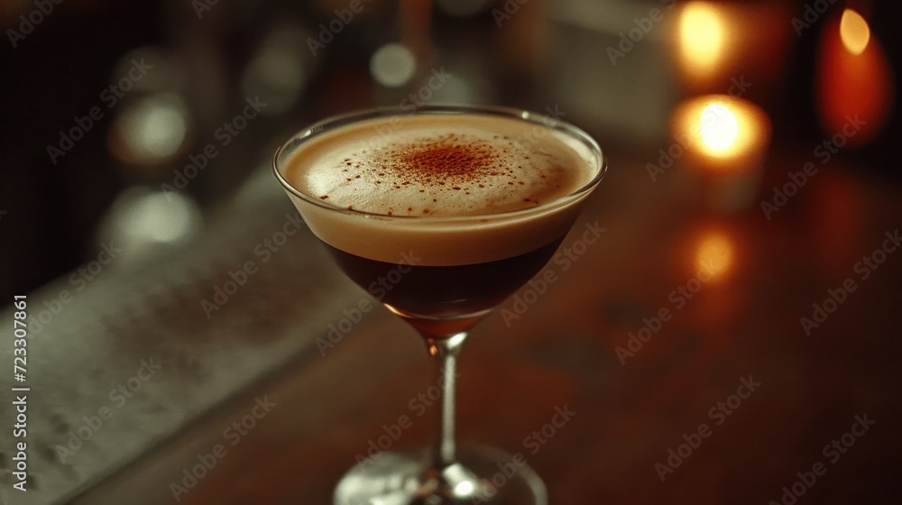 Poster a close up of a drink in a wine glass on a table with candles in the backgrouf of the room in the ba