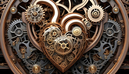 Fototapeta na wymiar A human heart made of metal with gears, devices and siphons in steampunk style