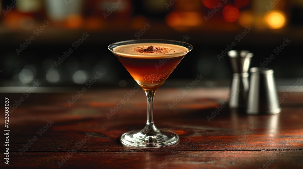 Poster a close up of a drink in a wine glass on a table with a bottle of wine in the background and a shake