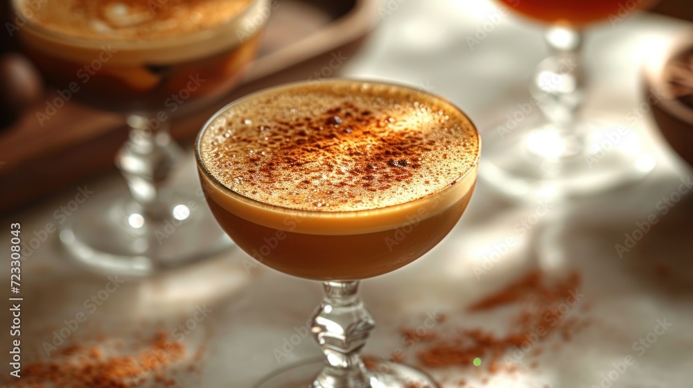 Poster a close up of a drink in a goblet on a table with other drinks on the side of the table and a tray o
