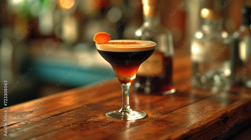 Poster a close up of a drink on a bar with liquor bottles in the background and a wooden bar top with a sma