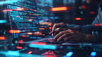 Double exposure of a person working at a computer and digital code. Illustration of programmers writing program code. internet technologies. Generative AI