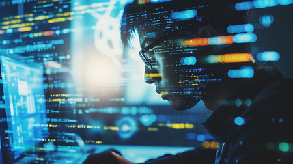 Double exposure of a person working at a computer and digital code. Illustration of programmers writing program code. internet technologies. Generative AI