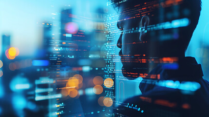Double exposure of a person working at a computer and digital code. Illustration of programmers writing program code. internet technologies. Generative AI