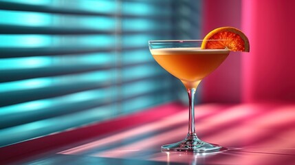  a close up of a drink in a glass with a slice of an orange on the rim and a window in the background with blinds on a pink and blue and pink background.