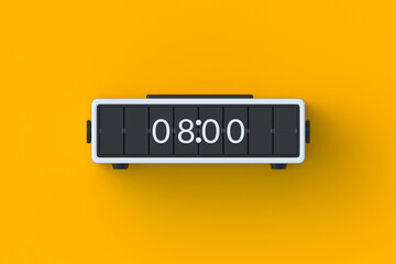 Mechanical watch. Retro flip clock on orange background. Electromechanical device with split-flap display. Office accessories. Business equipment. Top view. 3d render - obrazy, fototapety, plakaty