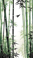 Fototapeta na wymiar A Japanese watercolor drawing showing a bird in the bamboo groves