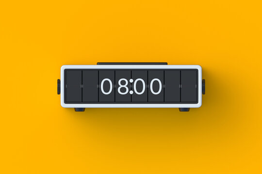 Mechanical watch. Retro flip clock on orange background. Electromechanical device with split-flap display. Office accessories. Business equipment. Top view. 3d render