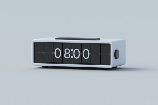 Retro flip clock on gray background. Mechanical watch. Electromechanical device with split-flap display. Office accessories. Business equipment. 3d render